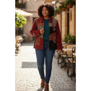 Vintage Allure Jacket with Shoulder Pads Embroidered Multicolor Embellished Sz L